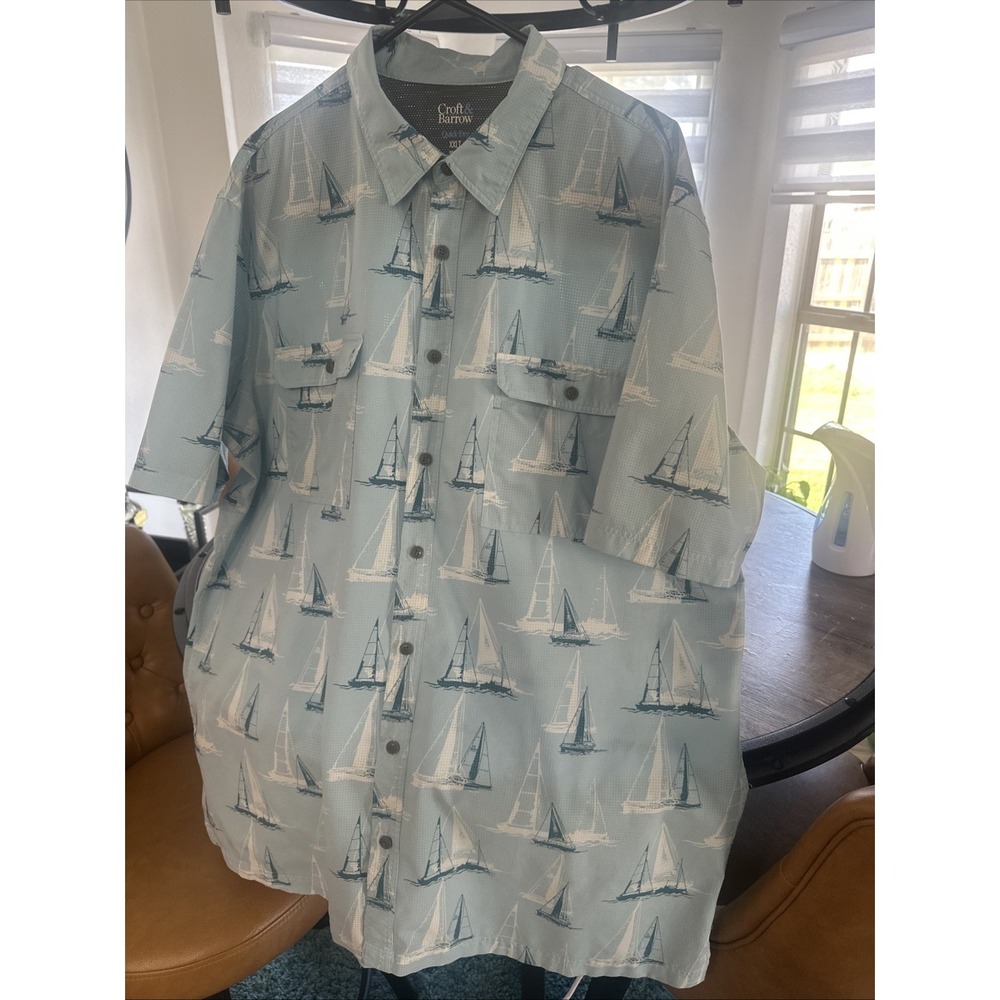 Croft & Barrow Men's XXLT Blue Nautical Sailboat Print Short Sleeve Shirt